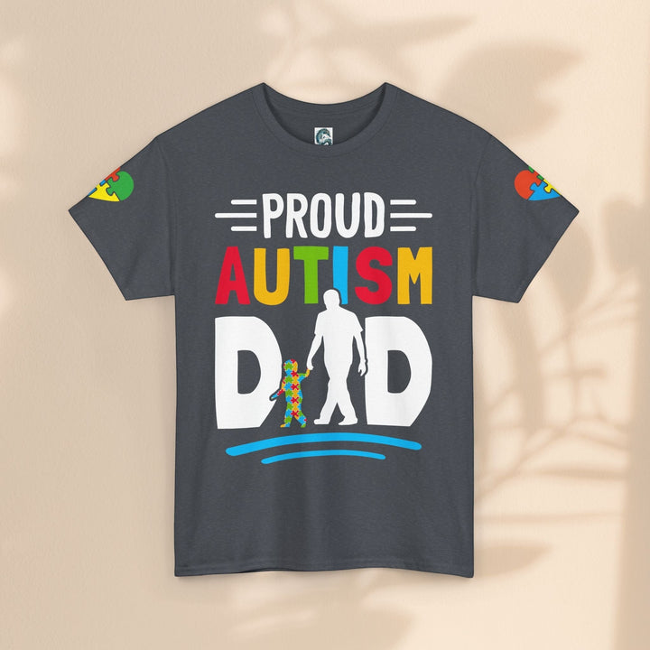 Sea Dragon Dreams charcoal grey heavy cotton t-shirt with a colorful Proud Autism Dad graphic and puzzle piece art.
