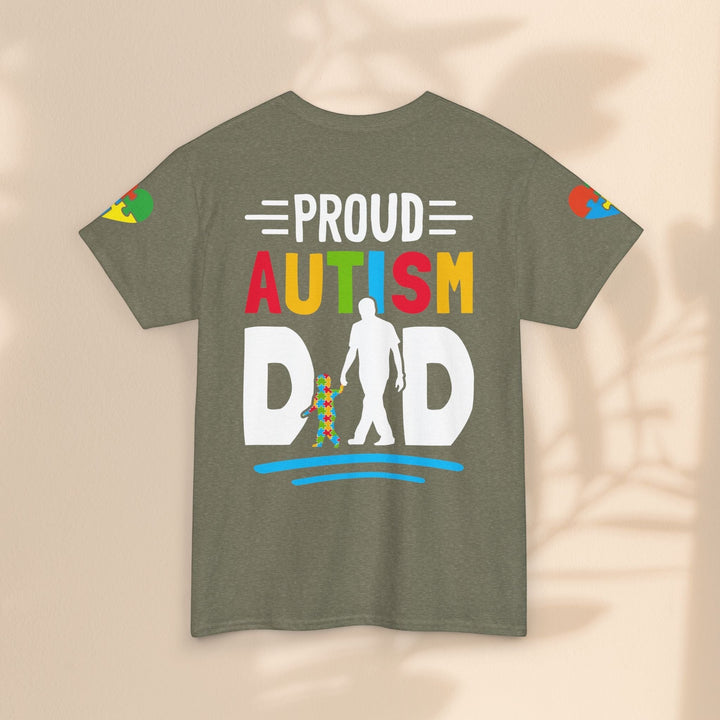 Sea Dragon Dreams olive green heavy cotton t-shirt with a colorful Proud Autism Dad graphic on the back.
