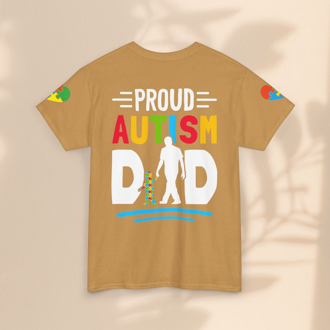 Sea Dragon Dreams tan heavy cotton t-shirt with Proud Autism Dad graphic, featuring puzzle piece accents on sleeves.