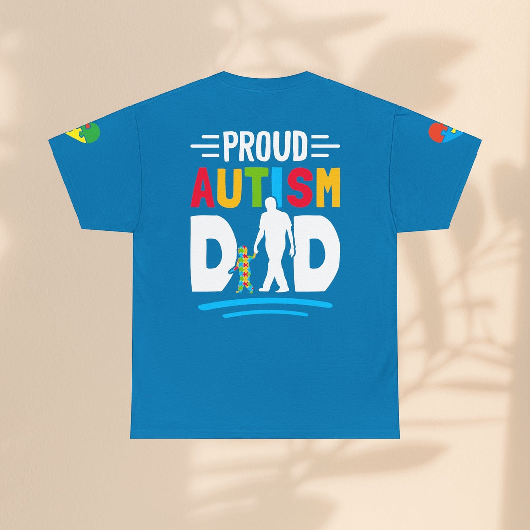 Sea Dragon Dreams blue heavy cotton t-shirt with Proud Autism Dad graphic on the back and puzzle piece sleeve detail.