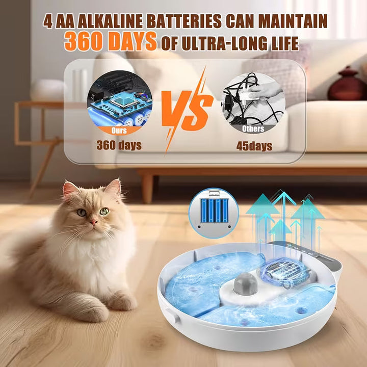 Sea Dragon Dreams automatic wet food feeder with ice packs and long battery life next to a fluffy cat