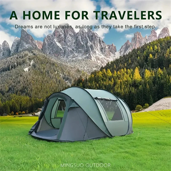 Sea Dragon Dreams automatic pop-up waterproof camping tent set up in a scenic mountain meadow for outdoor travel.