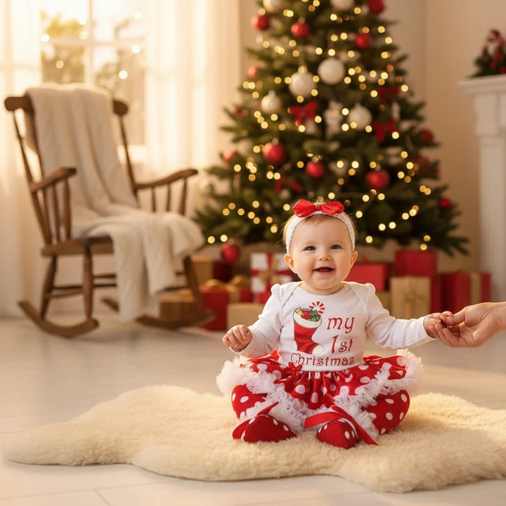 Sea Dragon Dreams baby girl in a festive red and white Christmas romper set with a matching headband and booties