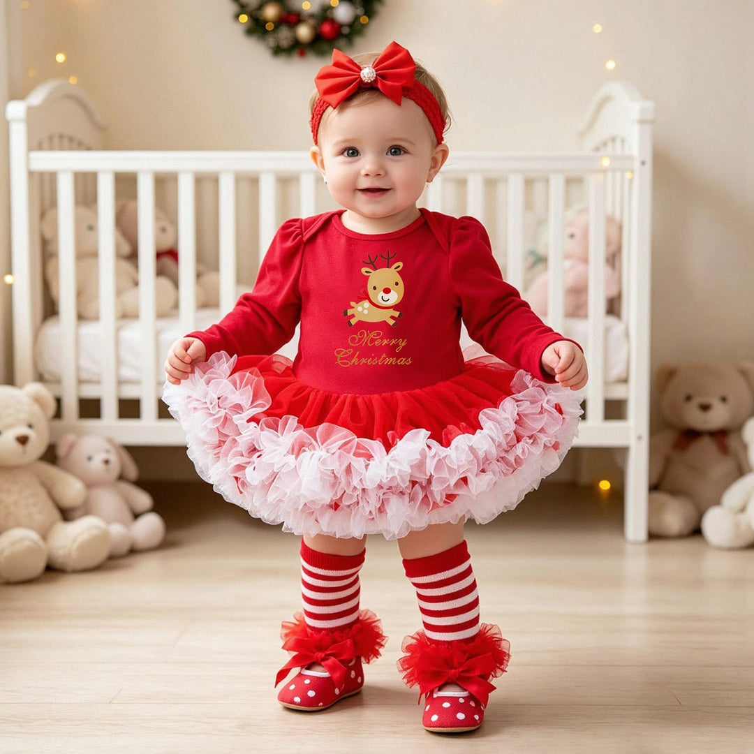 Sea Dragon Dreams baby girl Christmas romper dress with red tulle skirt, matching headband, and striped socks