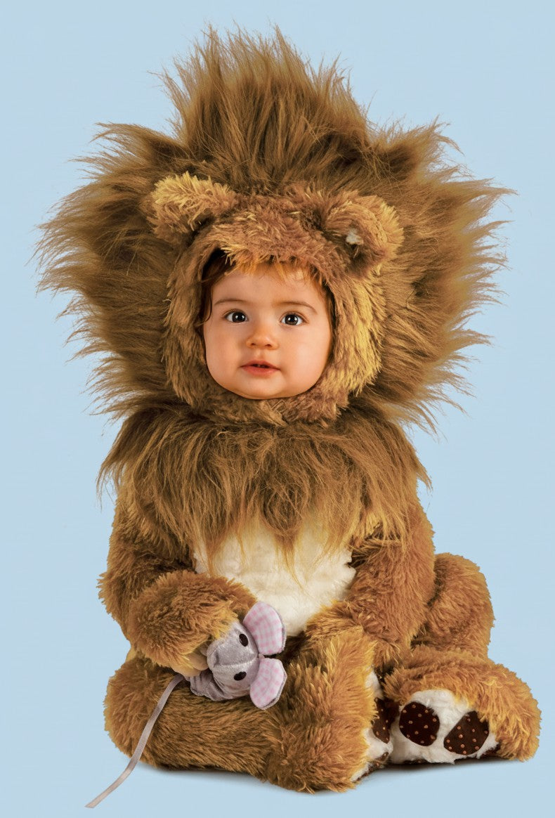 Sea Dragon Dreams baby lion cub costume featuring a soft brown plush romper and a hood with a fluffy mane and ears.