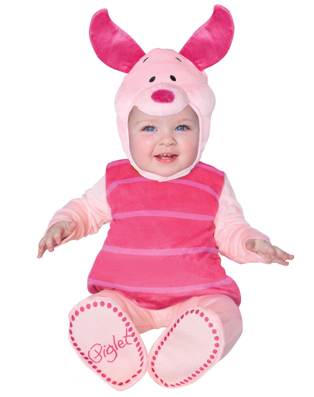 Sea Dragon Dreams infant Piglet costume with pink striped jumpsuit and character hood on a smiling baby