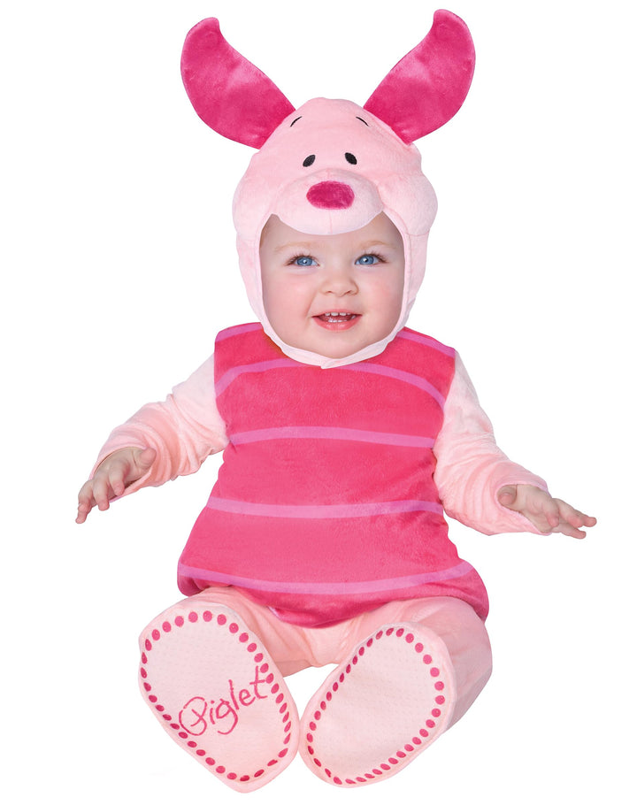 Sea Dragon Dreams infant Piglet costume with pink striped jumpsuit and character hood on a smiling baby