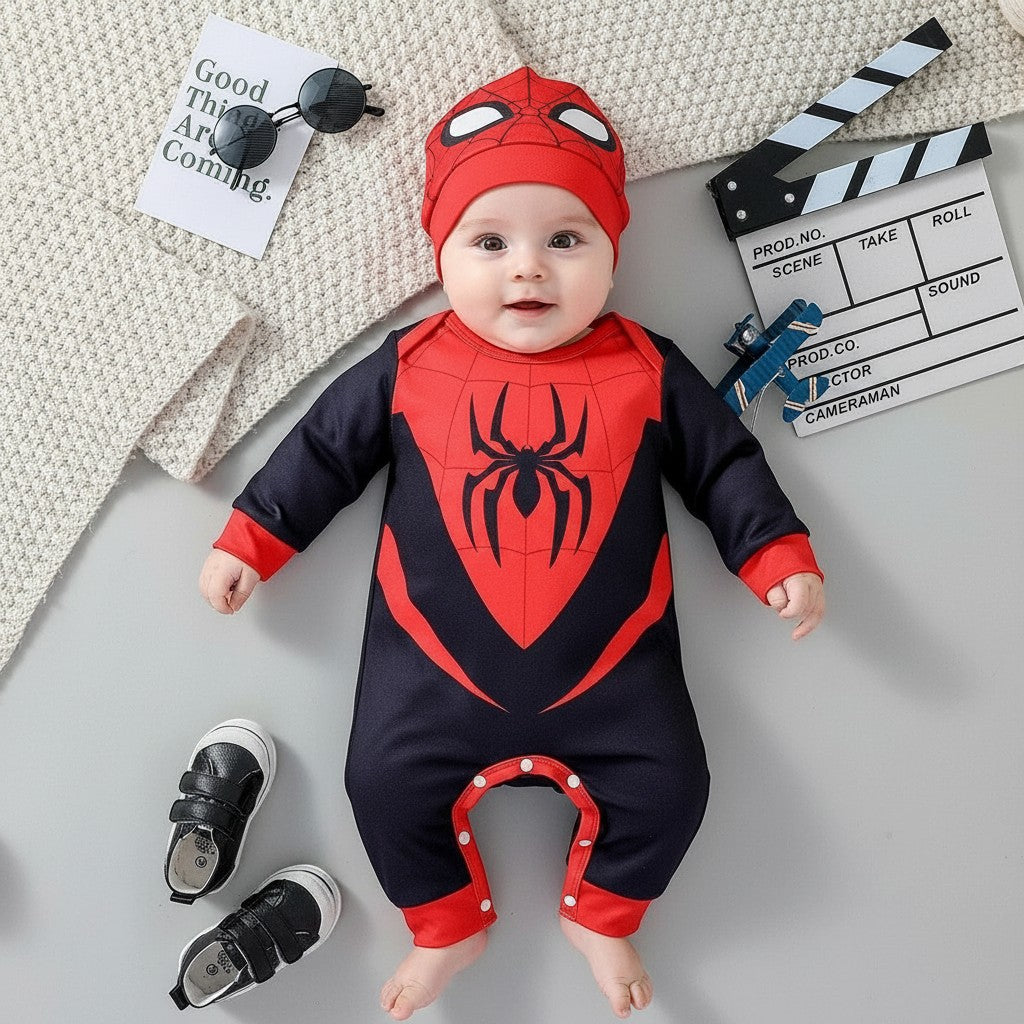 Sea Dragon Dreams baby boy wearing a red and black spider-themed long-sleeve jumpsuit and matching beanie hat