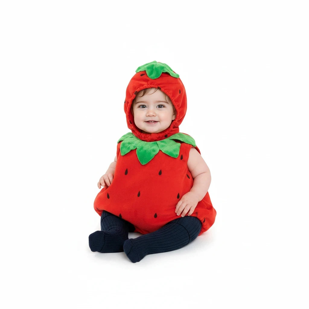 Sea Dragon Dreams baby wearing a red strawberry-themed romper and matching hooded hat with green leaf details