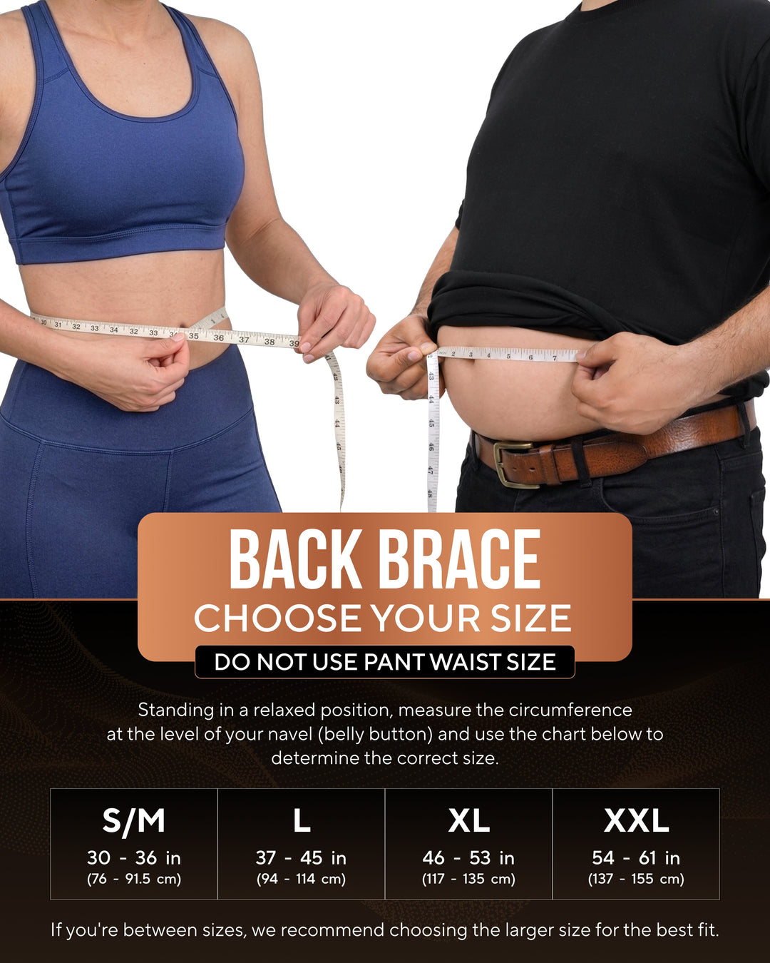 Sea Dragon Dreams sizing guide for Copper Compression back brace showing two people measuring their waist circumference