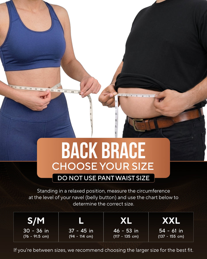 Sea Dragon Dreams sizing guide for Copper Compression back brace showing two people measuring their waist circumference