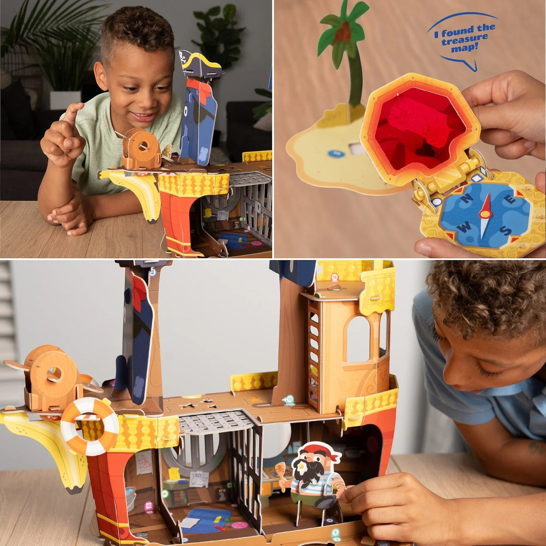 Sea Dragon Dreams Banana-Rama Pirate Ship playset with buildable cardboard ship, figurines, and treasure map accessory.