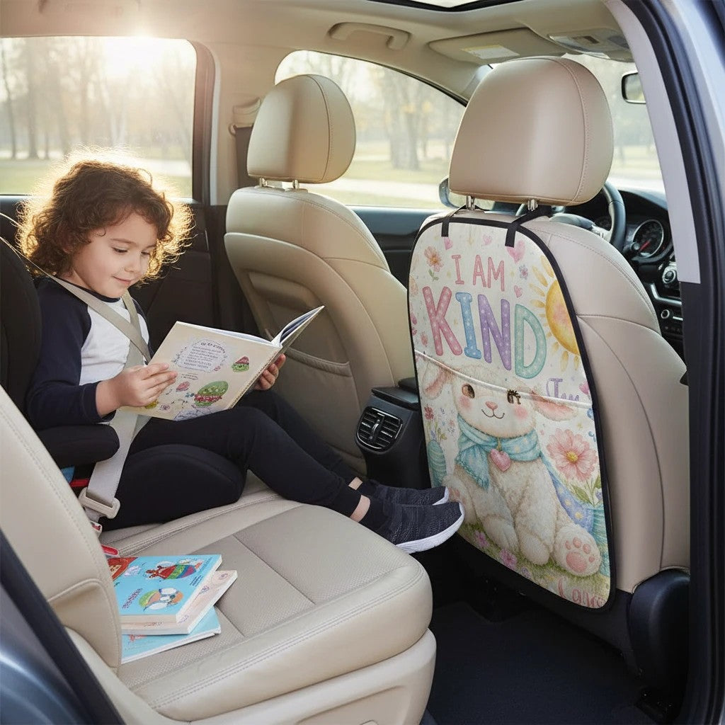 Sea Dragon Dreams Be Kind car seat back organizer with a cute bunny illustration, used by a child reading in a car.