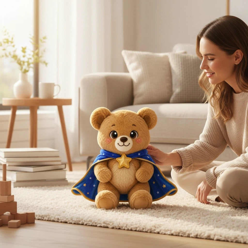 Sea Dragon Dreams Brave Buddies Bear acrylic display stand featuring a cute bear character in a cozy living room setting.