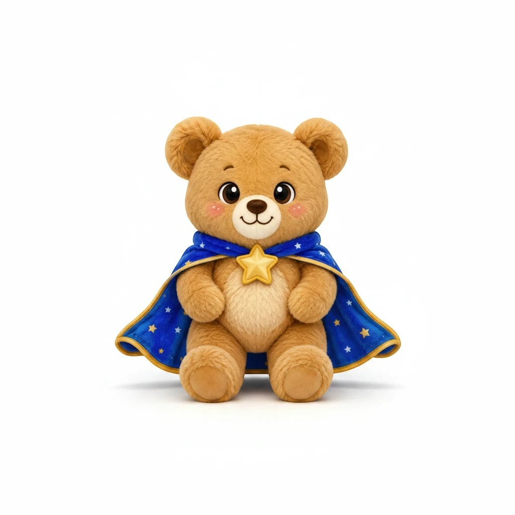 Sea Dragon Dreams Brave Buddies Bear acrylic display stand featuring a cute bear in a blue star-patterned cape.