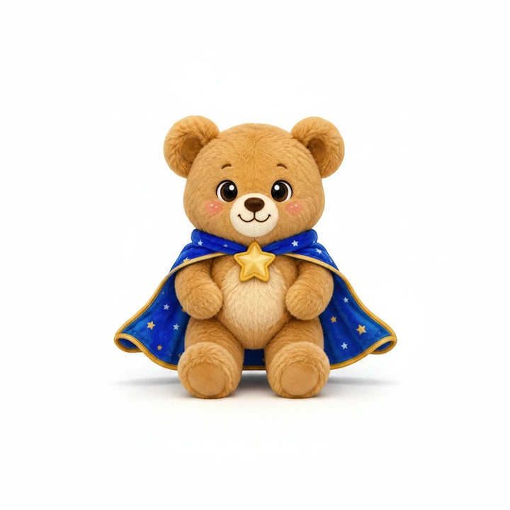 Sea Dragon Dreams Brave Buddies Bear acrylic display stand featuring a cute bear in a blue star-patterned cape.