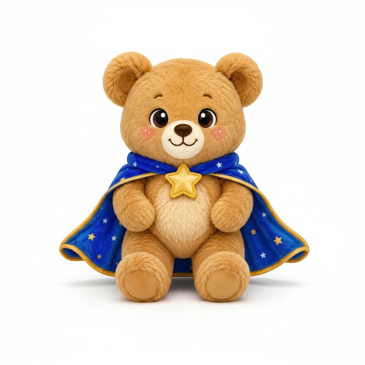 Sea Dragon Dreams Brave Buddies Bear acrylic display stand featuring a cute brown bear in a blue star-patterned cape.
