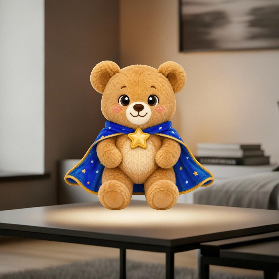 Sea Dragon Dreams Brave Buddies Bear clear acrylic display stand featuring a cute bear character with a blue cape.