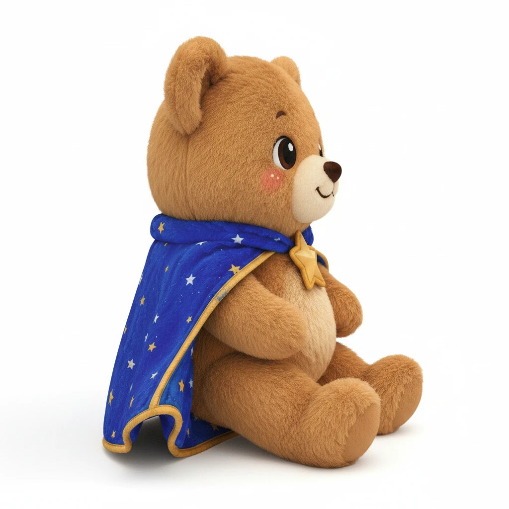 Sea Dragon Dreams plush bear pillow wearing a blue starry cape with a golden star clasp, side view on white background.