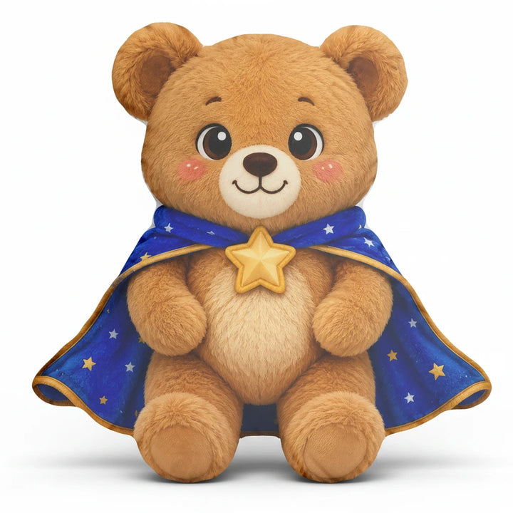 Sea Dragon Dreams Brave Buddies plush bear pillow wearing a blue starry cape with a golden star clasp.