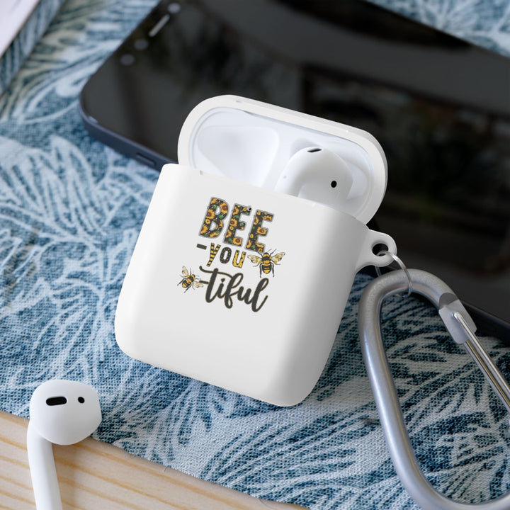 Sea Dragon Dreams Bee-You-Tiful floral AirPods case with bee illustration and text on a white TPU cover with carabiner