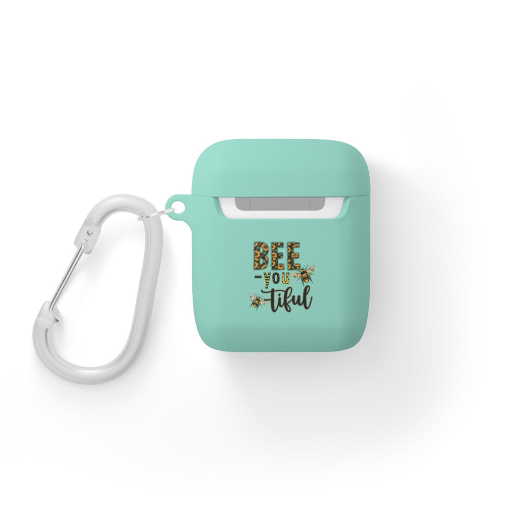 Sea Dragon Dreams mint green TPU AirPods case with Bee-You-Tiful floral bee design and white metal carabiner.