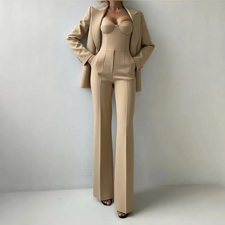 Sea Dragon Dreams beige 3-piece pantsuit featuring a tailored blazer, corset bustier top, and straight-leg trousers.