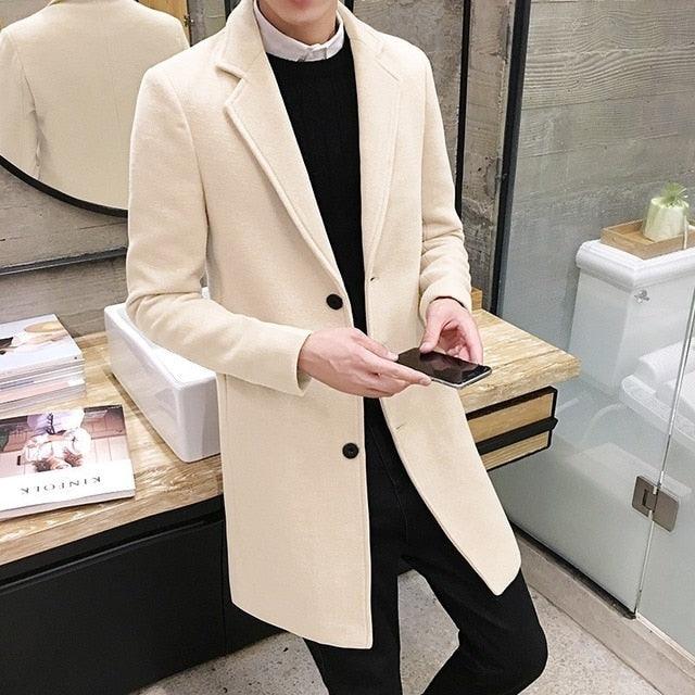 Sea Dragon Dreams men's beige cotton trench coat with a turn-down collar and button closure in a tailored fit.