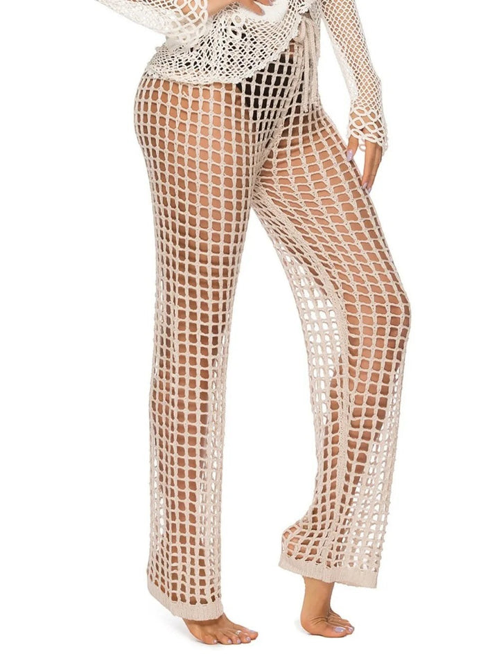 Sea Dragon Dreams high waist swim pants in beige crochet mesh with cutout details on a model