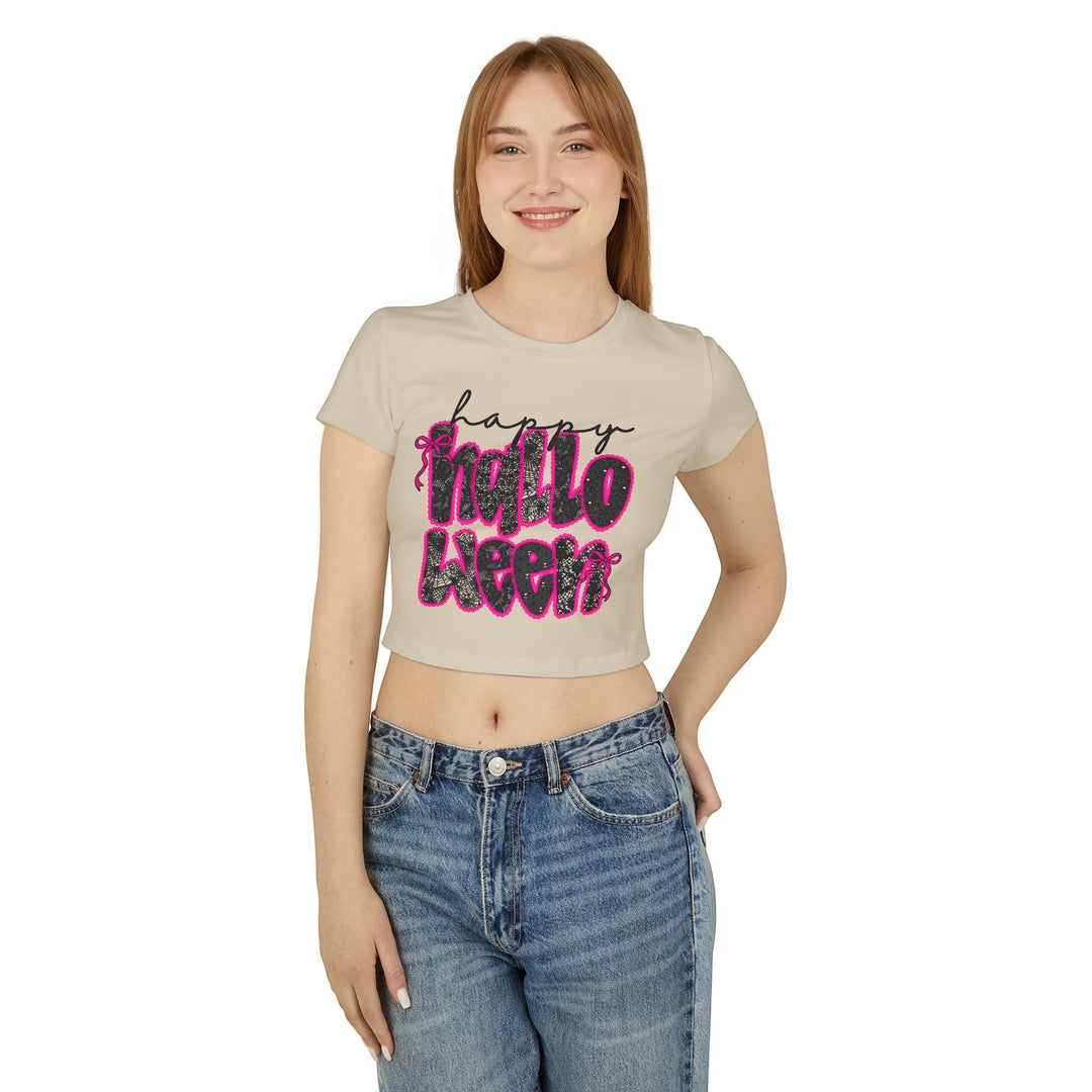 Sea Dragon Dreams women's beige organic cotton baby tee with a pink and black Happy Halloween graphic print