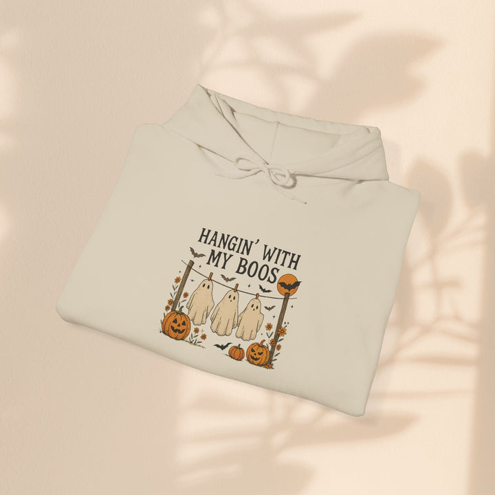 Sea Dragon Dreams beige Halloween hoodie with a Hanging With My Boos ghost and pumpkin graphic print