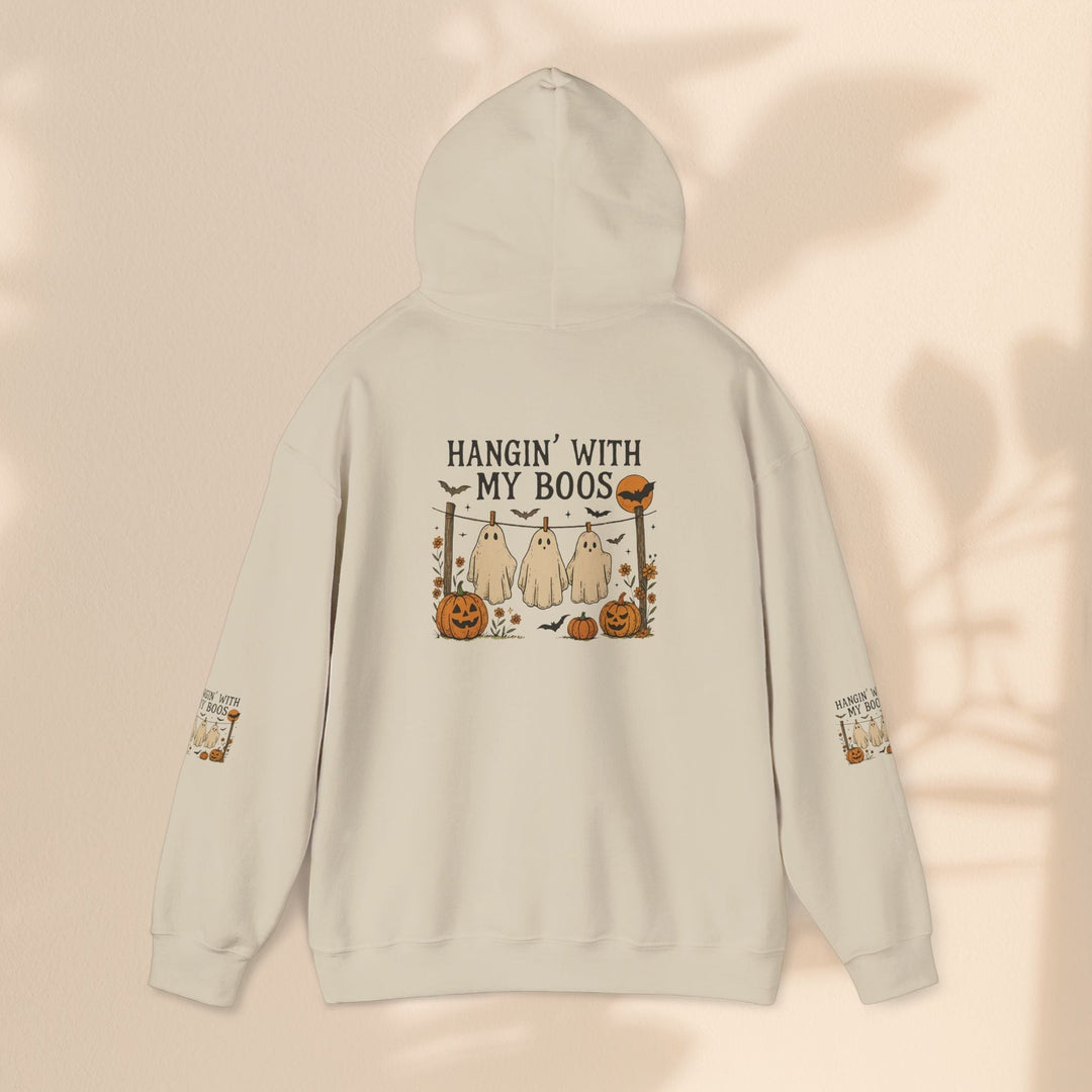 Sea Dragon Dreams beige Halloween hoodie with a Hanging With My Boos ghost and pumpkin graphic on the back.