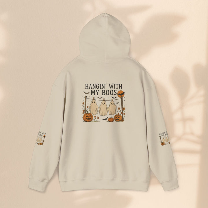 Sea Dragon Dreams beige Halloween hoodie with a Hanging With My Boos ghost and pumpkin graphic on the back.