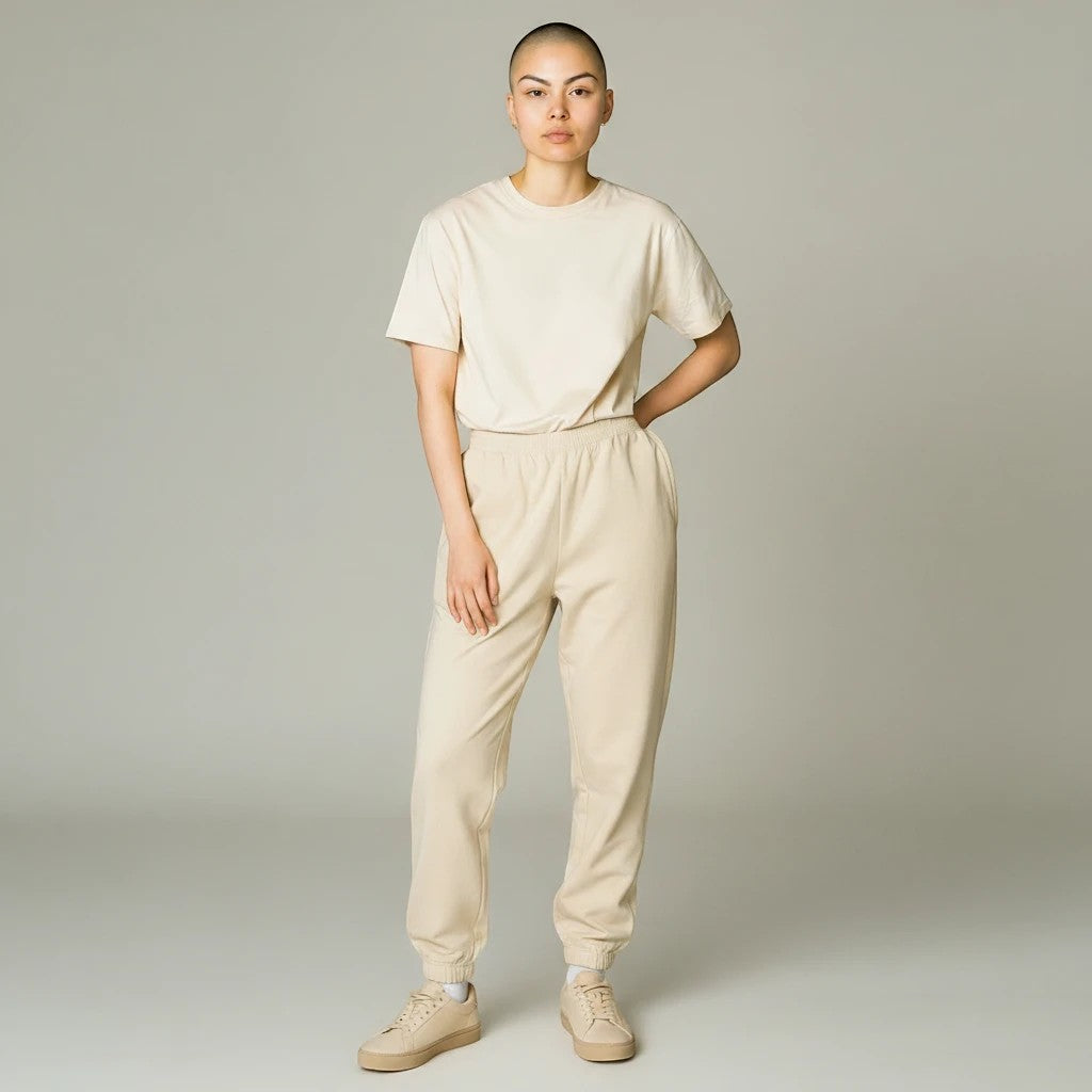 Sea Dragon Dreams model wearing a beige t-shirt and matching jogger pants with sneakers in a studio setting