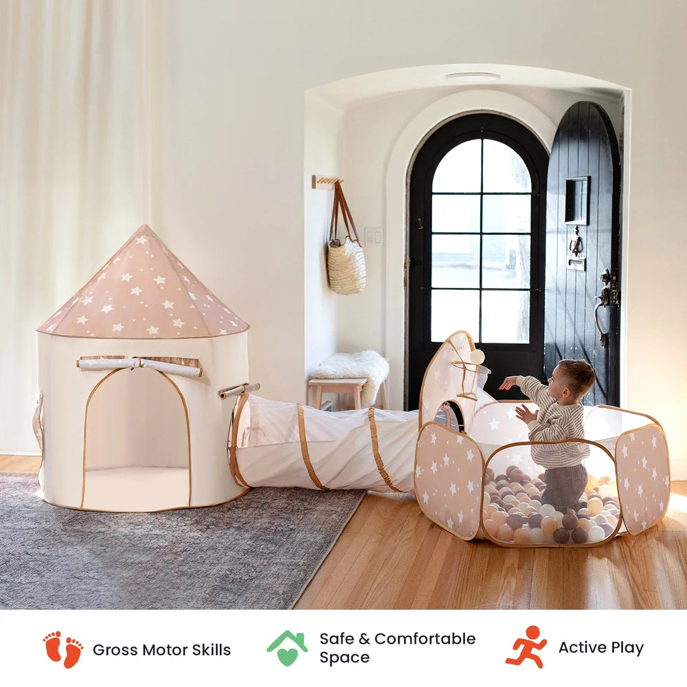 Sea Dragon Dreams 3-in-1 beige play tunnel set with star patterns, featuring a tent, tunnel, and ball pit for kids.
