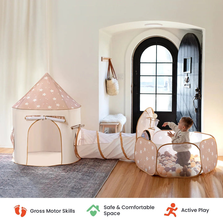 Sea Dragon Dreams 3-in-1 beige play tunnel set with star patterns, featuring a tent, tunnel, and ball pit for kids.