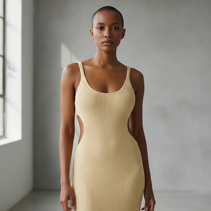 Model wearing a Sea Dragon Dreams beige ribbed scoop neck cover-up dress with side cutouts against a grey wall.