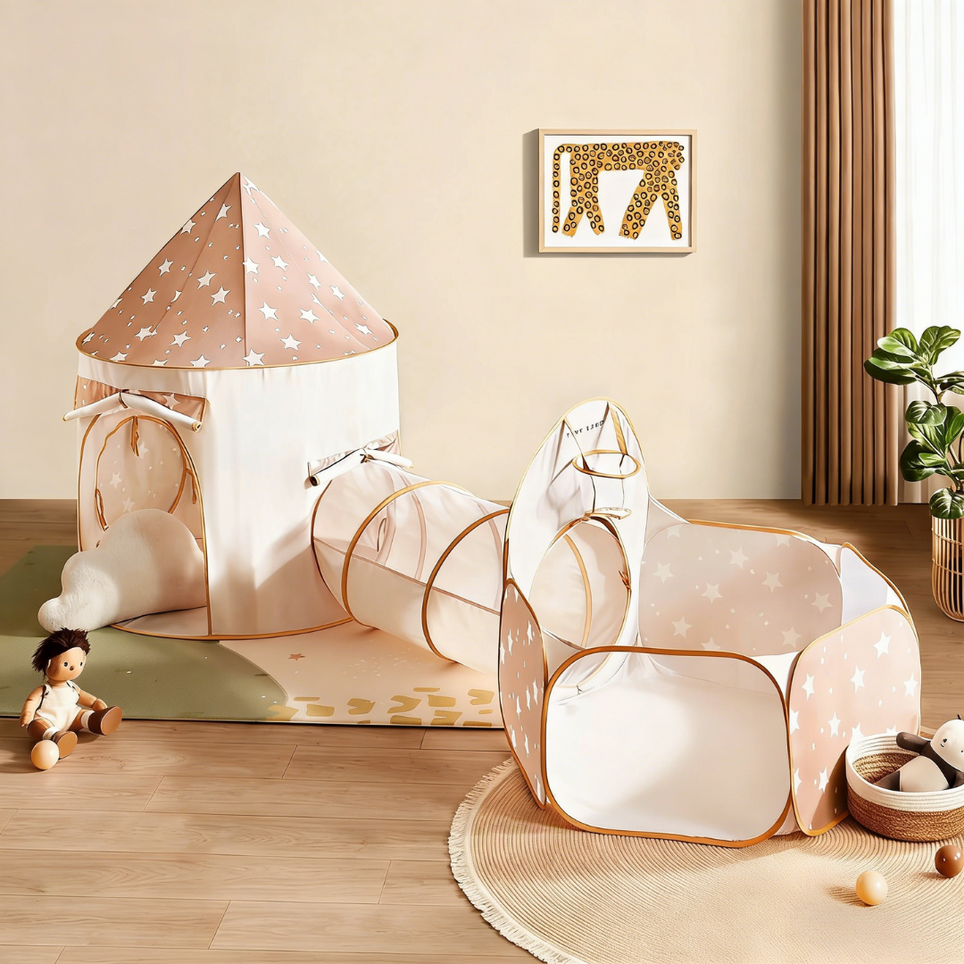 Sea Dragon Dreams 3-in-1 beige play tunnel set with star patterns, featuring a tent, tunnel, and ball pit for kids.