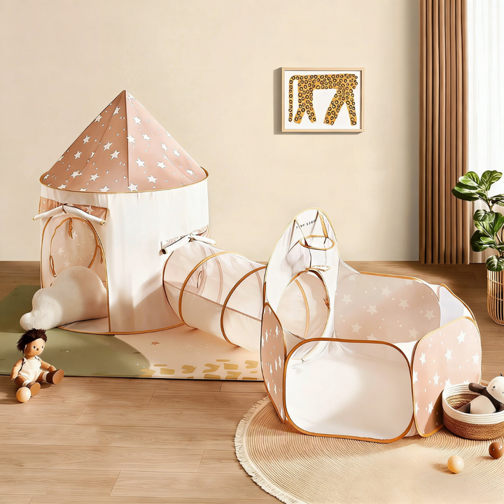 Sea Dragon Dreams 3-in-1 beige play tunnel set with star patterns, featuring a tent, tunnel, and ball pit for kids.