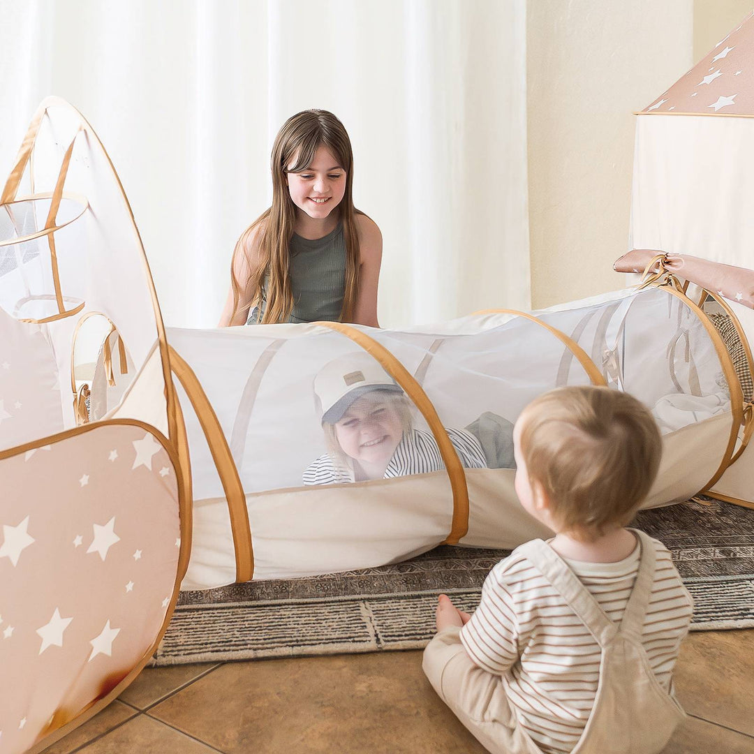 Sea Dragon Dreams 3-in-1 beige polyester play tunnel set with star patterns and mesh windows for indoor kids' play.