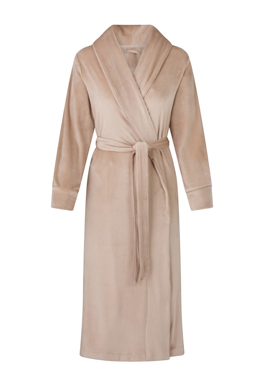 Sea Dragon Dreams plush beige velour robe with a shawl collar and tie waist for women