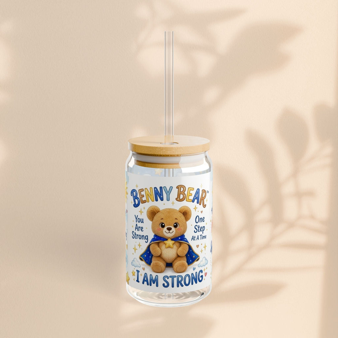 Sea Dragon Dreams 16 oz clear glass sipper with bamboo lid, straw, and Benny Bear I Am Strong graphic for kids.