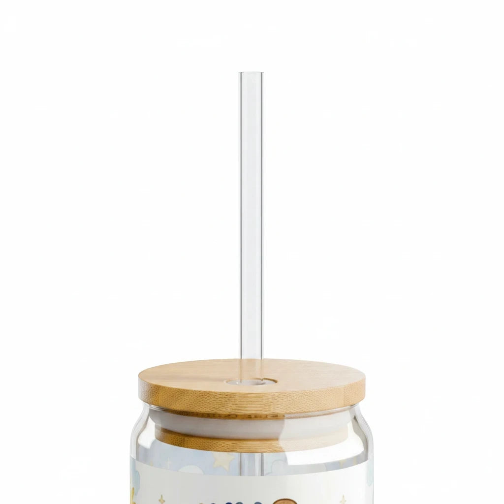 Sea Dragon Dreams Benny Bear 16 oz clear glass sipper with bamboo lid and BPA-free Tritan straw for kids