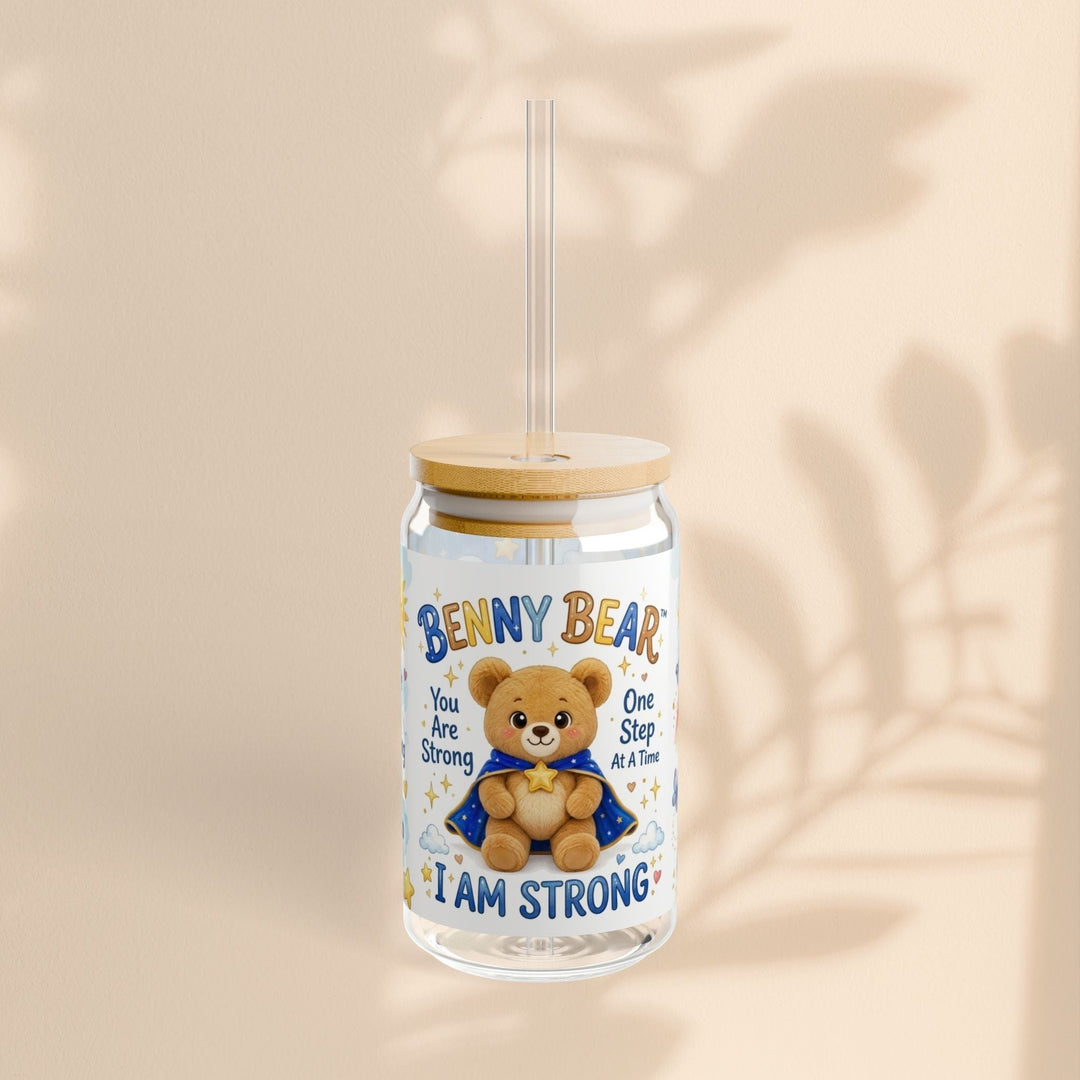 Sea Dragon Dreams Benny Bear I Am Strong 16 oz glass sipper with bamboo lid and straw featuring a cute bear illustration