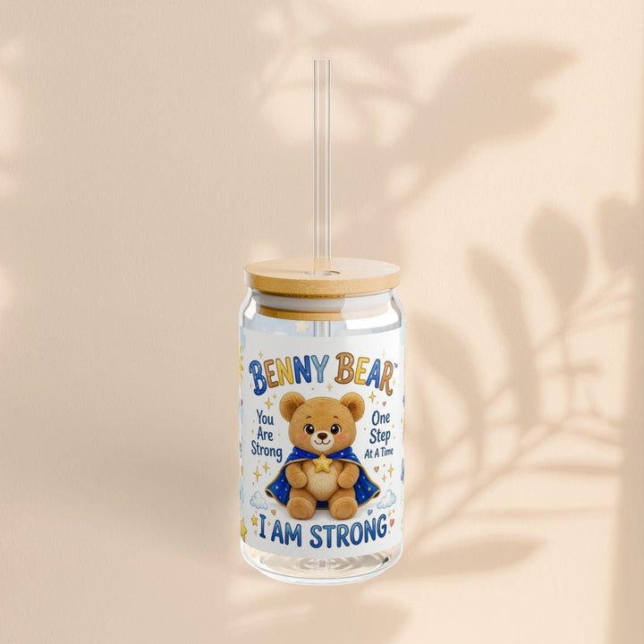 Sea Dragon Dreams Benny Bear I Am Strong 16 oz glass sipper with bamboo lid and straw featuring a cute bear illustration
