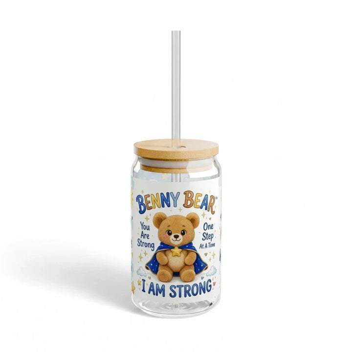 Sea Dragon Dreams Benny Bear 16oz glass sipper with bamboo lid, straw, and I Am Strong affirmation print.