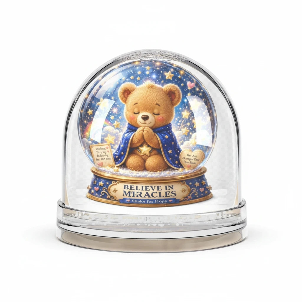 Sea Dragon Dreams Benny Brave Bear snow globe featuring a praying bear in a blue cape with Believe in Miracles text.