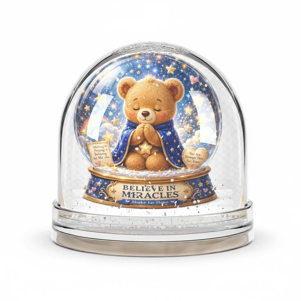 Sea Dragon Dreams Benny Brave Bear snow globe featuring a teddy bear in a blue cape with Believe in Miracles text.