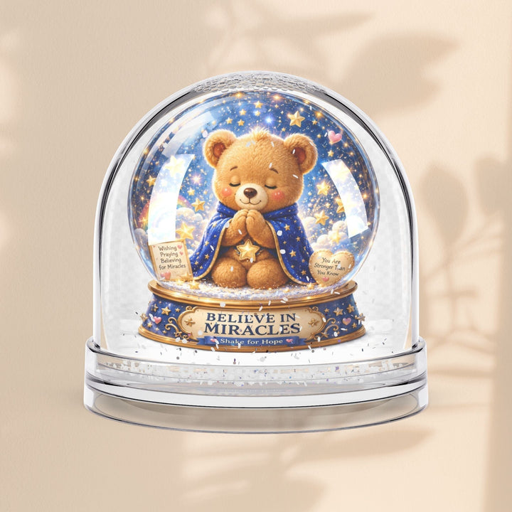Sea Dragon Dreams Benny Brave Bear snow globe with Believe in Miracles message and glittery star-filled scene