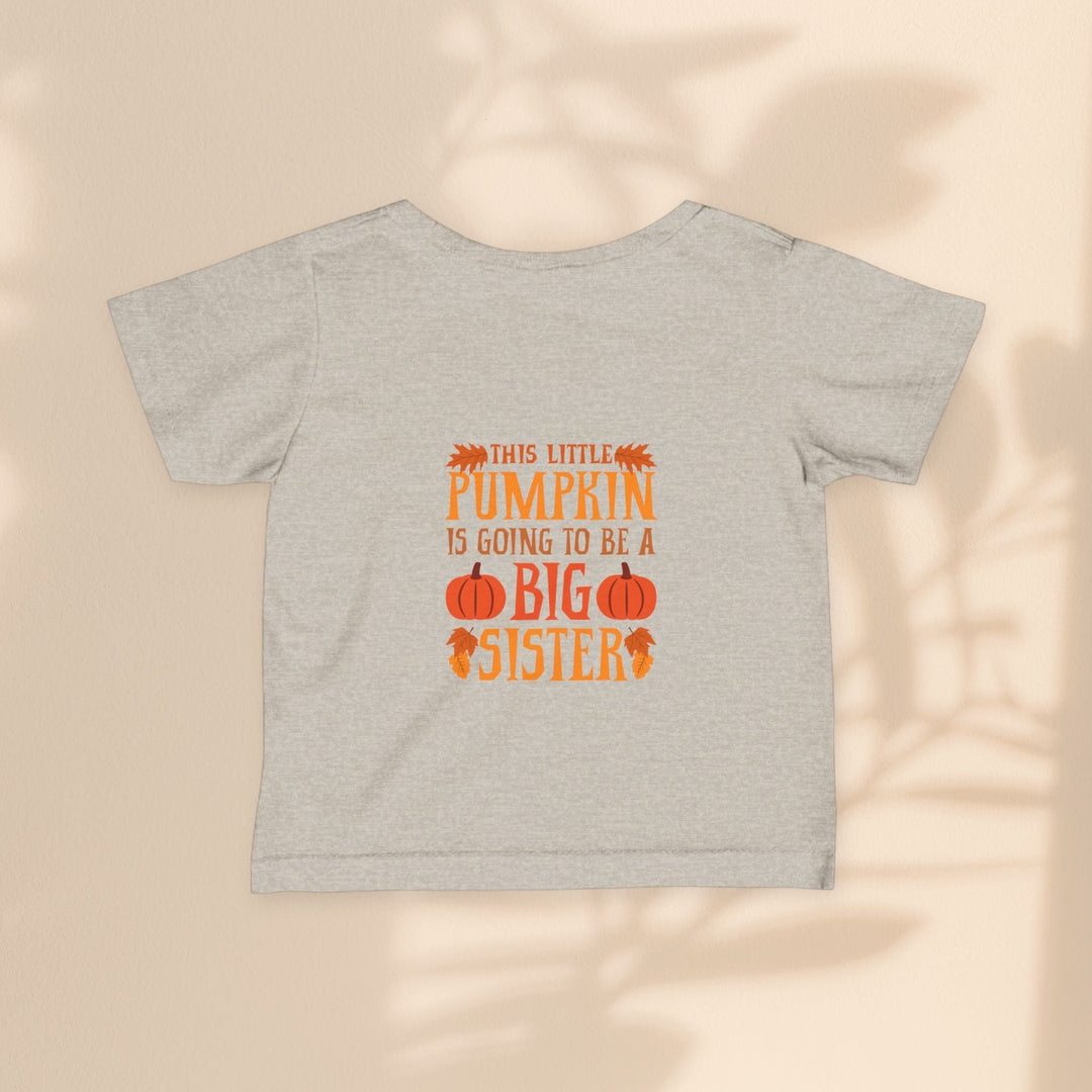 Sea Dragon Dreams infant fine jersey tee in heather grey with Big Sister Pumpkin graphic print for autumn.